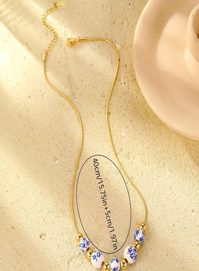 sunglnl Blue And White Necklace For Women, 14k Gold-Plated Chain And Ceramic Beads Blue Floral Pattern Vintage Chinese Minimalism Style Jewelry Gift (blue) - Image 4